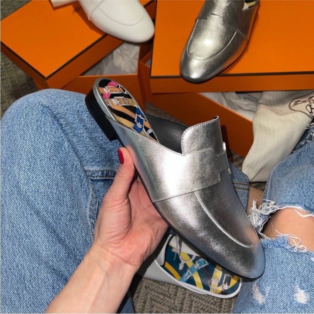 HERMES H CATENA SILVER LEATHER MULES FLIP FLOPS SHOES FLAT SLIDES 35